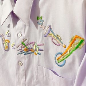 Vintage Tia Button Front Blouse Pointed Collar Embroidered Musical Instruments